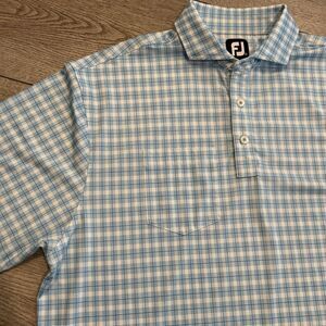 FootJoy Polo Golf Shirt Plaid Blue White Mens XL Pocket Casual Preppy Athletic